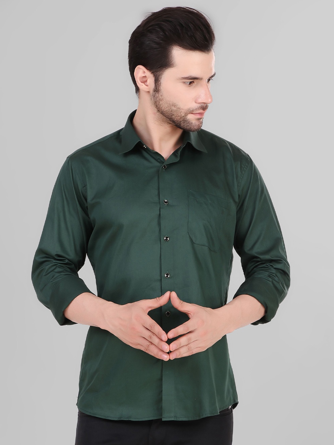 

DESIGN UP Men Comfort Spread Collar Solid Cotton Slim Fit Casual Shirt, Olive