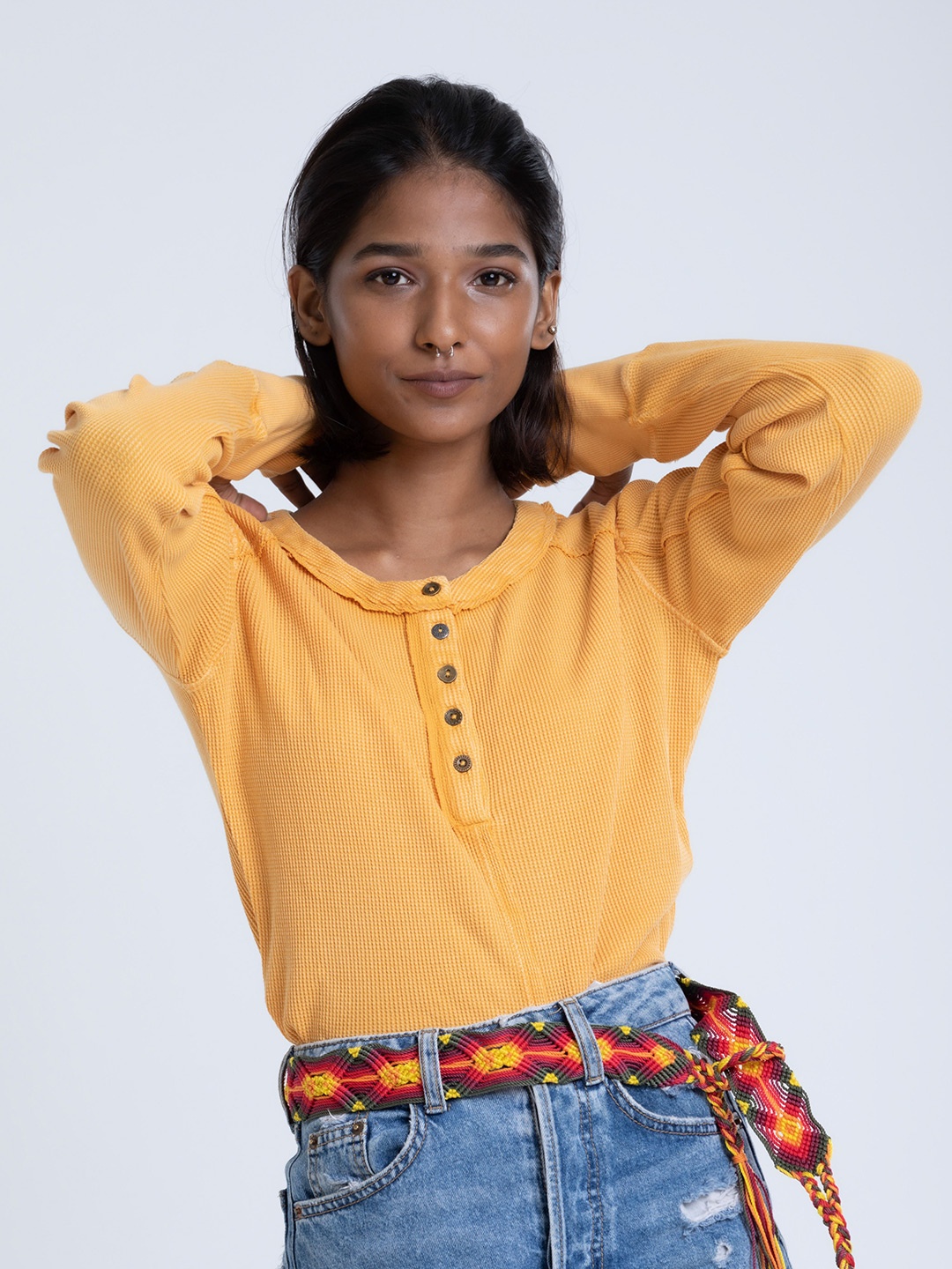 

PURPLE POTATO Women Solid Round Neck Cotton Top, Yellow