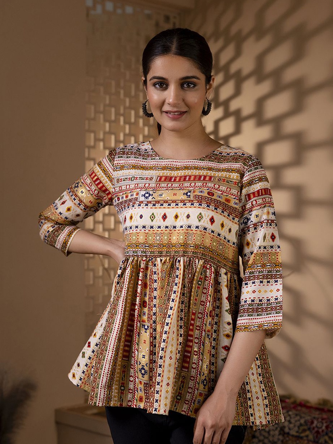 

Nayo Women Ethnic Motifs Printed Round Neck Cotton Top, Beige