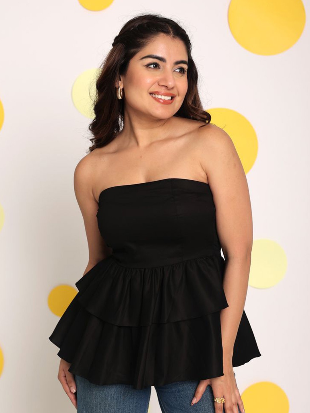 

KAORI BY SHREYA AGARWAL Women Solid Off-Shoulder Cotton Top, Black