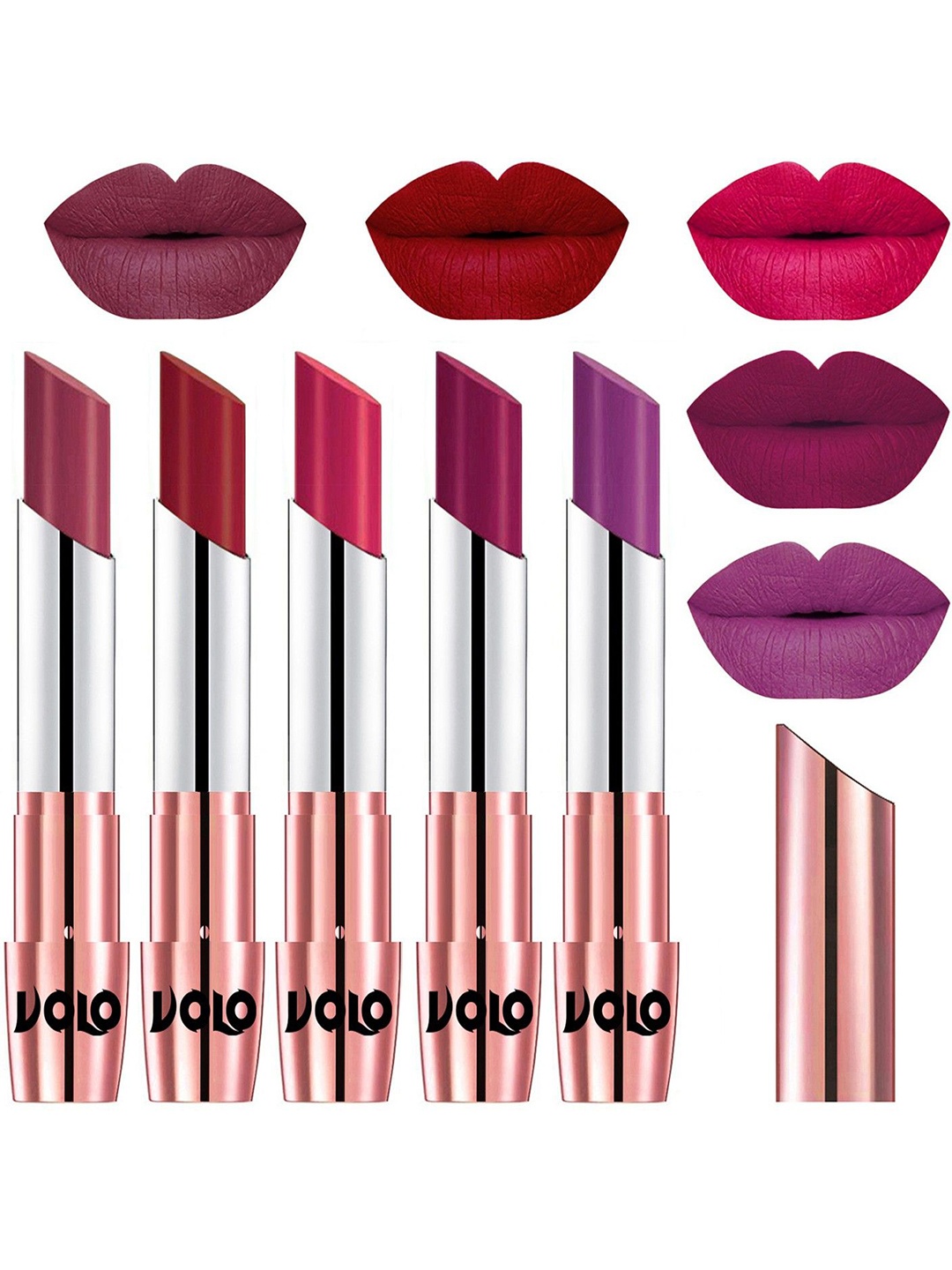 

VOLO Set Of 5 Creme Matte Lipsticks-Cherry 31-Red 43-Passion Pink 44-Magenta 45-Purple 48