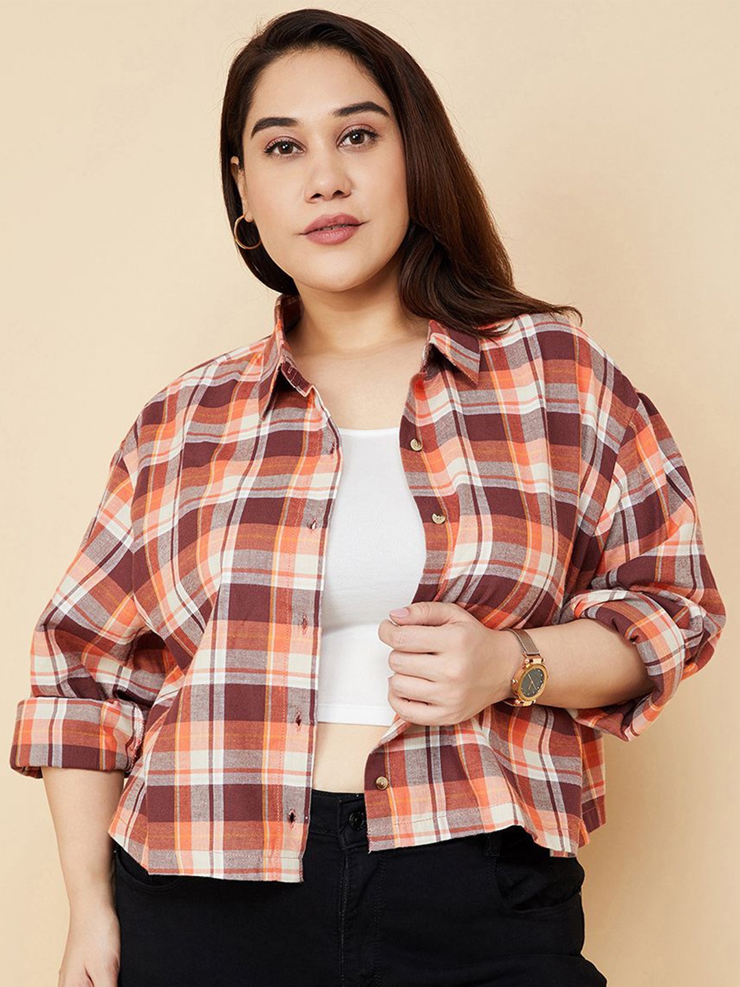 

max Women Plus Size Spread Collar Tartan Checked Cotton Boxy Casual Shirt, Orange