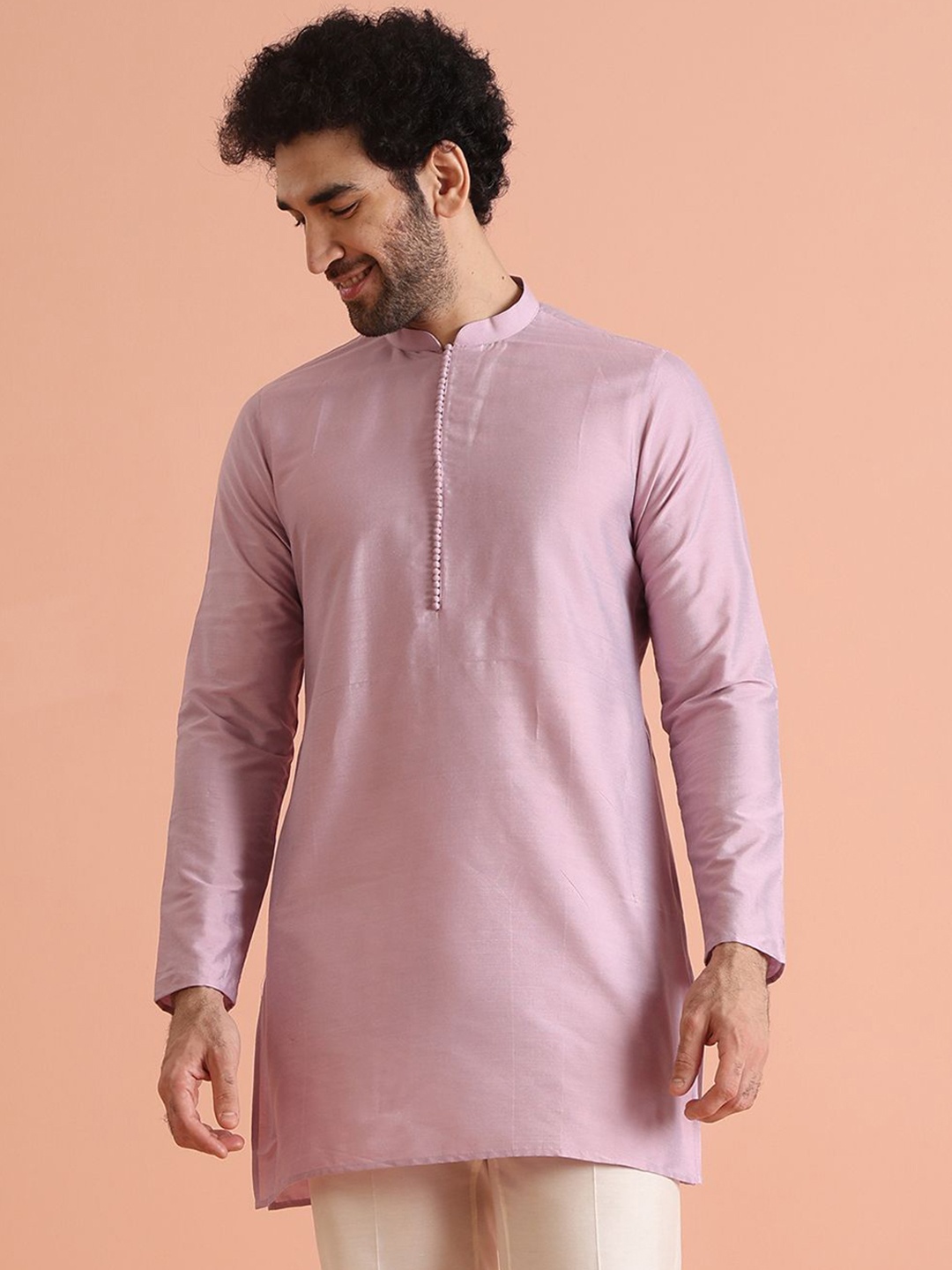 

KISAH Men Mandarin Collar Regular Solid Kurta, Pink