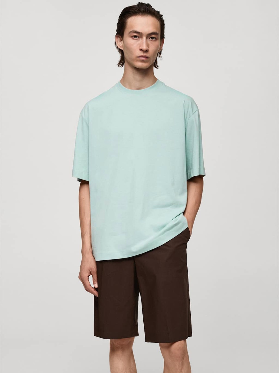 

MANGO MAN Drop-Shoulder Sleeves Pure Cotton Oversized T-shirt, Blue