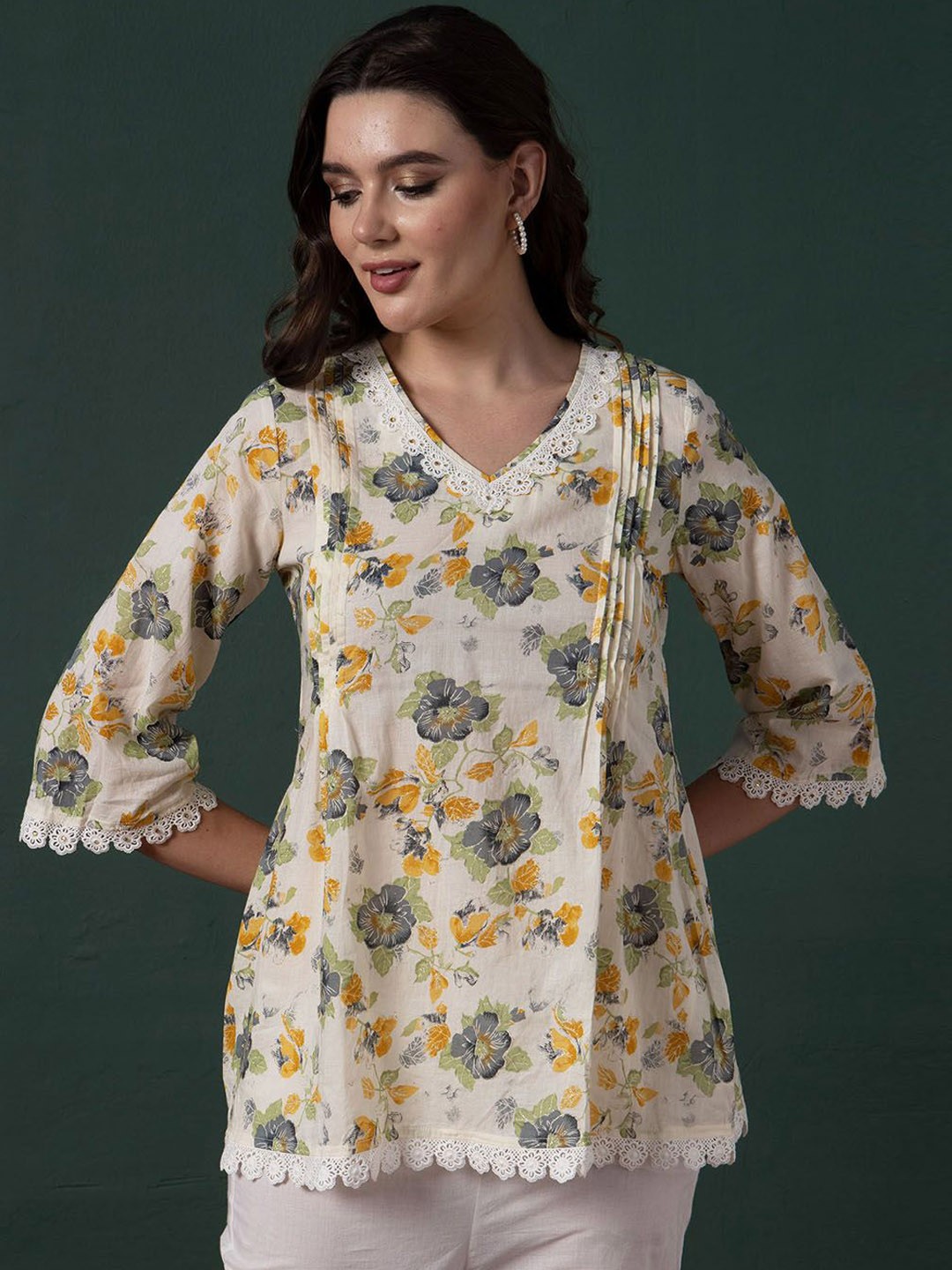 

INDYA Floral Printed Pure Cotton Tunic, White