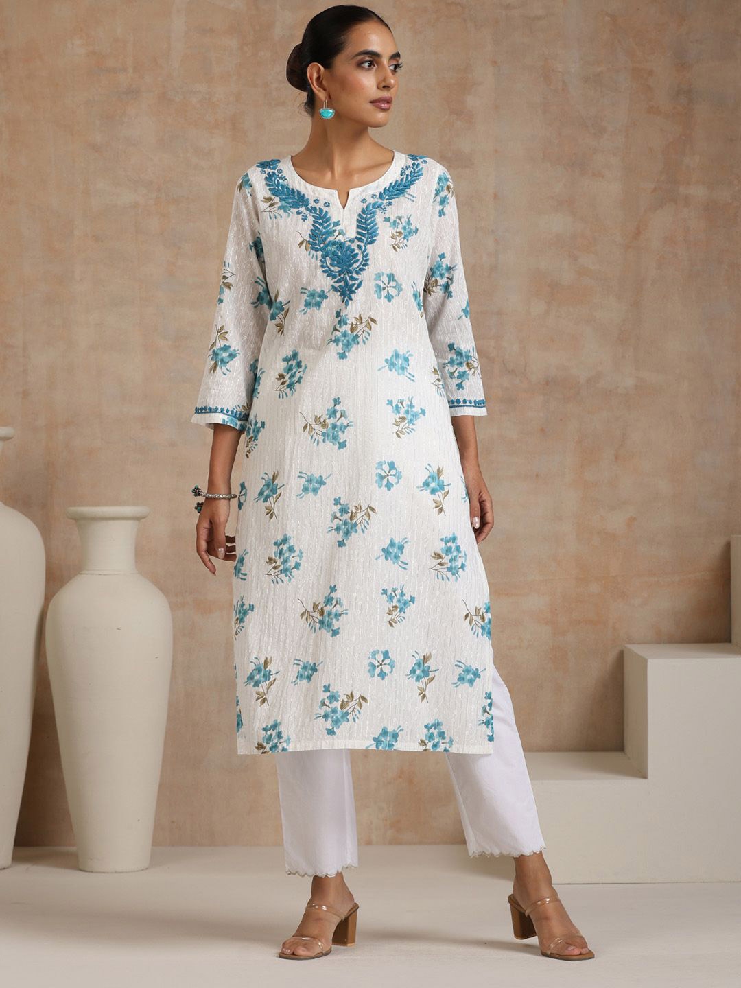

House of Chikankari Chikankari Printed Kurta, White