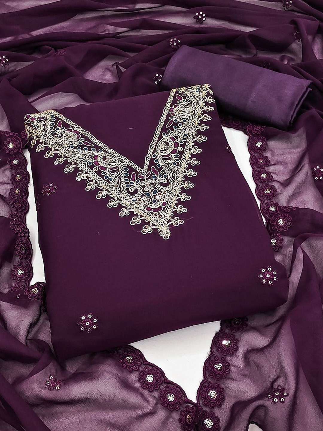 

JULEE Embroidered Sequinned Silk Georgette Unstitched Dress Material, Purple