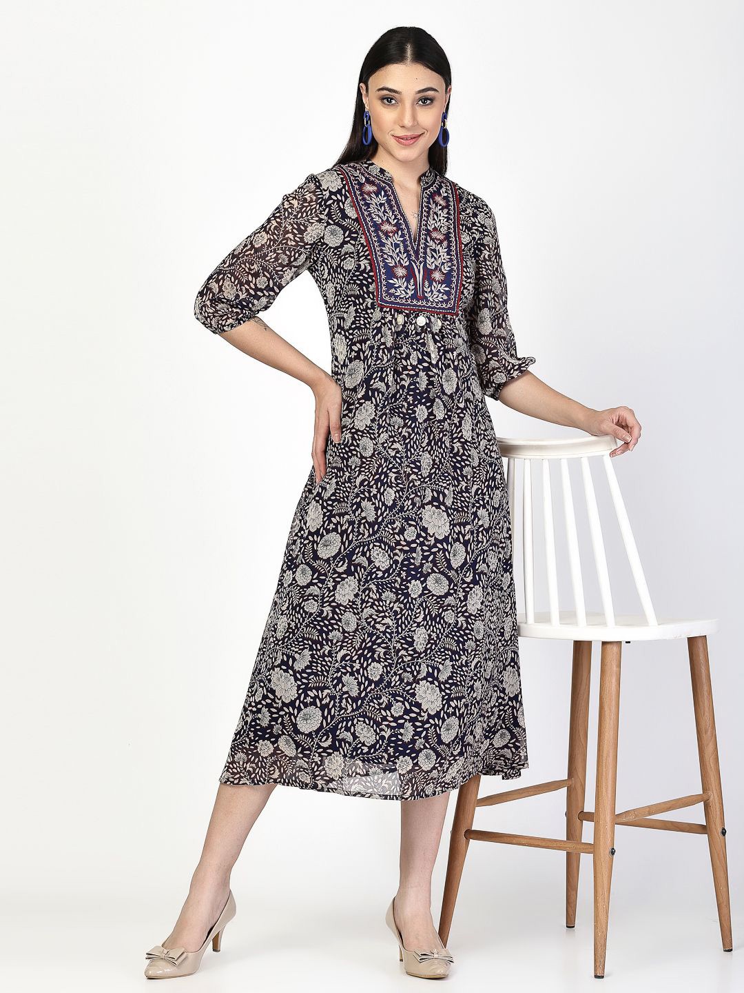 

COSMIC TRIO Ethnic Motifs Printed Mandarin Collar A-Line Midi Dress, Navy blue