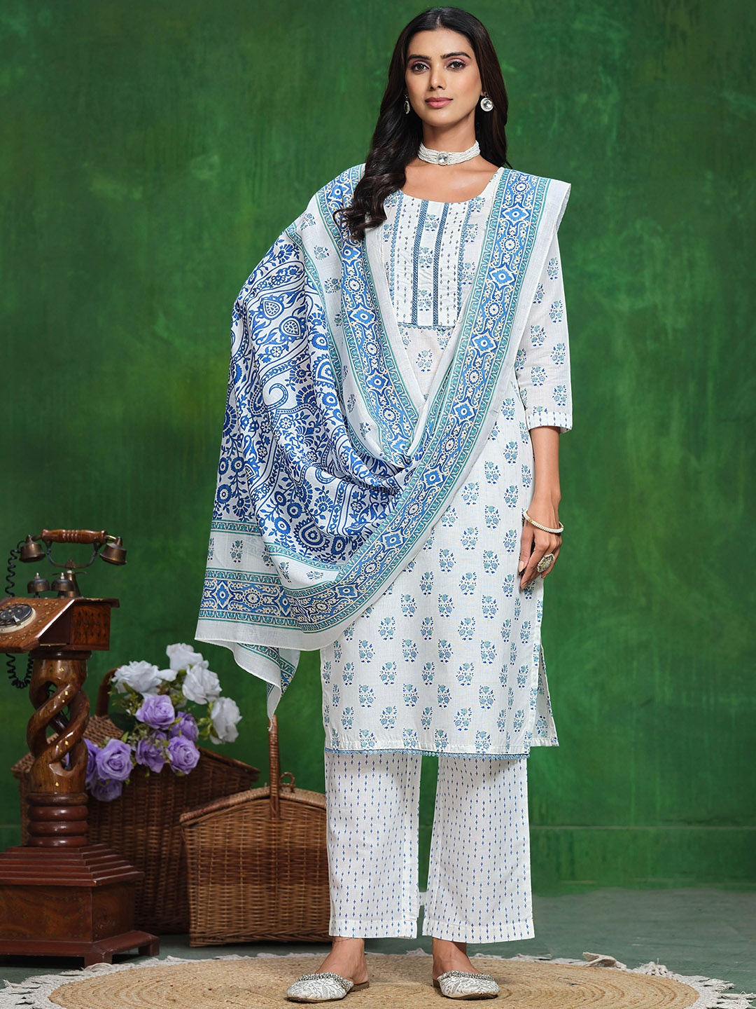 

Sangria Blue Ethnic Motifs Printed Sequined Cotton Straight Kurta With Trousers & Dupatta, White