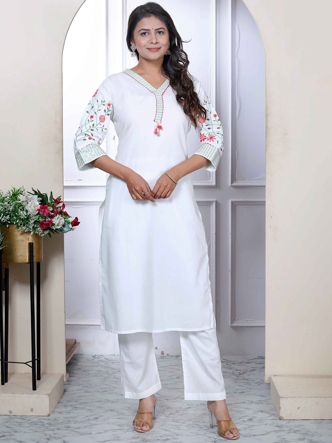 

MIRAVAN Floral Yoke Design Sequinned V-Neck Pure Cotton Straight Kurta with Trouser, White