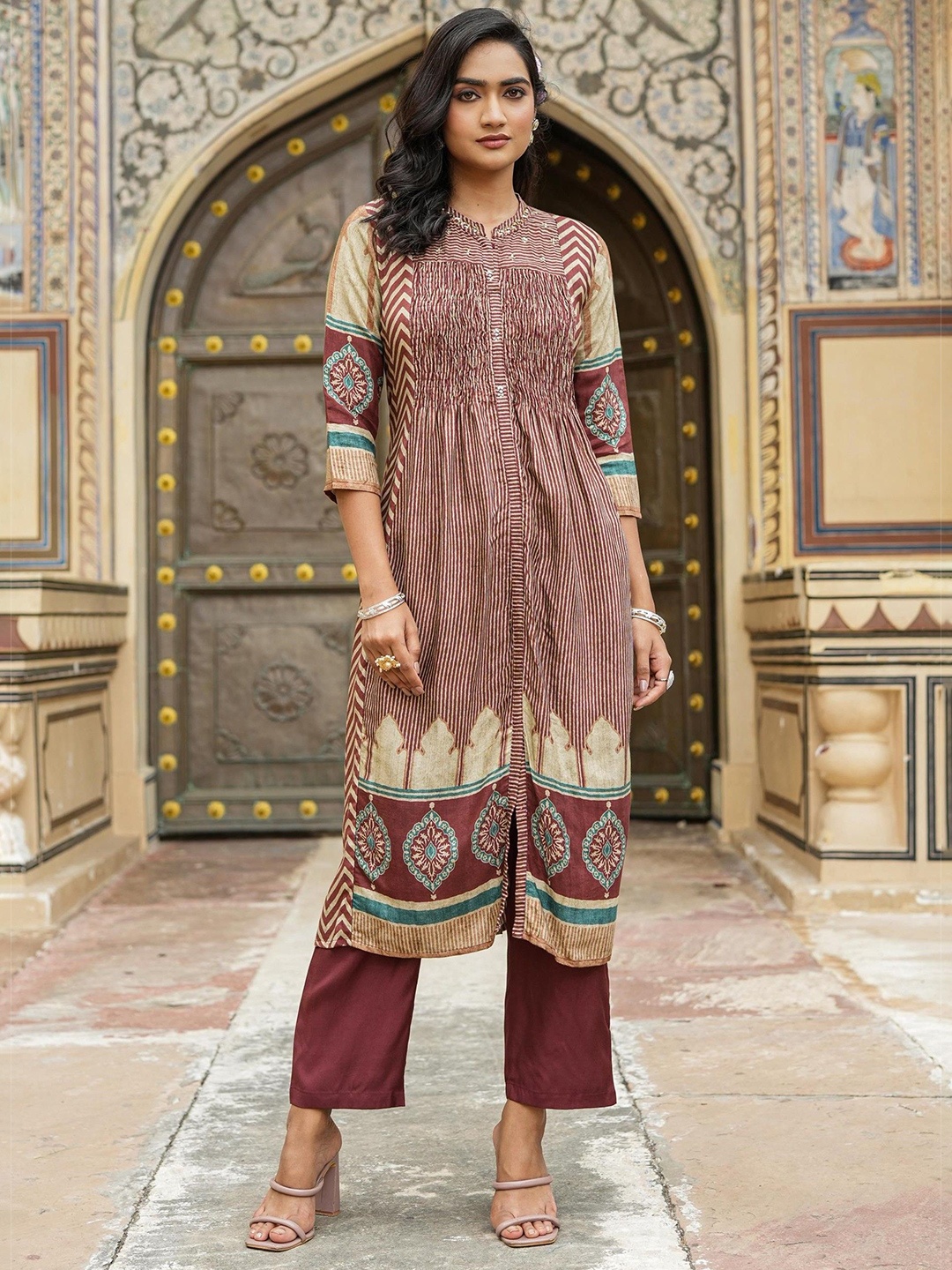 

SCAKHI Ethnic Motifs Printed Sequinned A-Line Tunic & Trouser, Burgundy