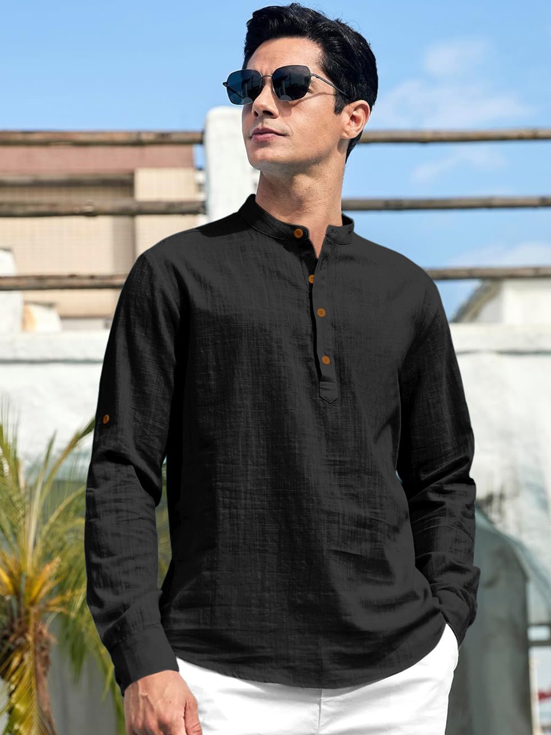 

Zombom Mandarin Collar Roll-Up Sleeves Wrinkle Free Straight Short Kurta, Black