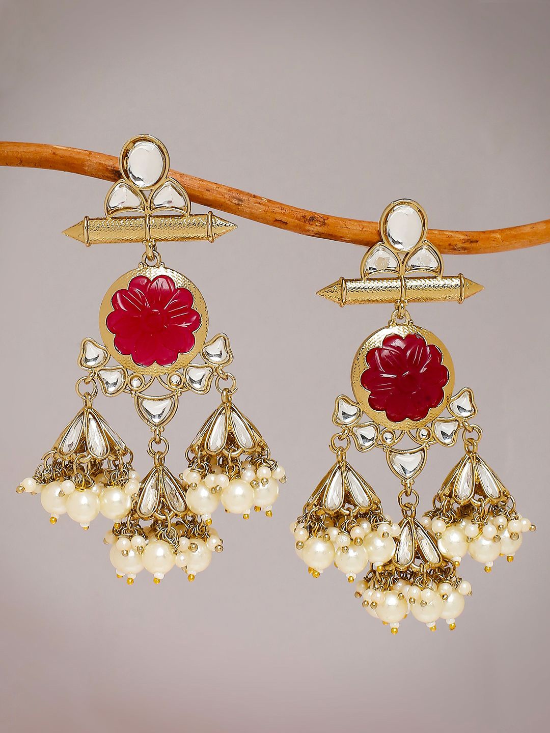 

House of Pataudi Kundan Stone Studded & Beaded Jhumka Earrings, Gold