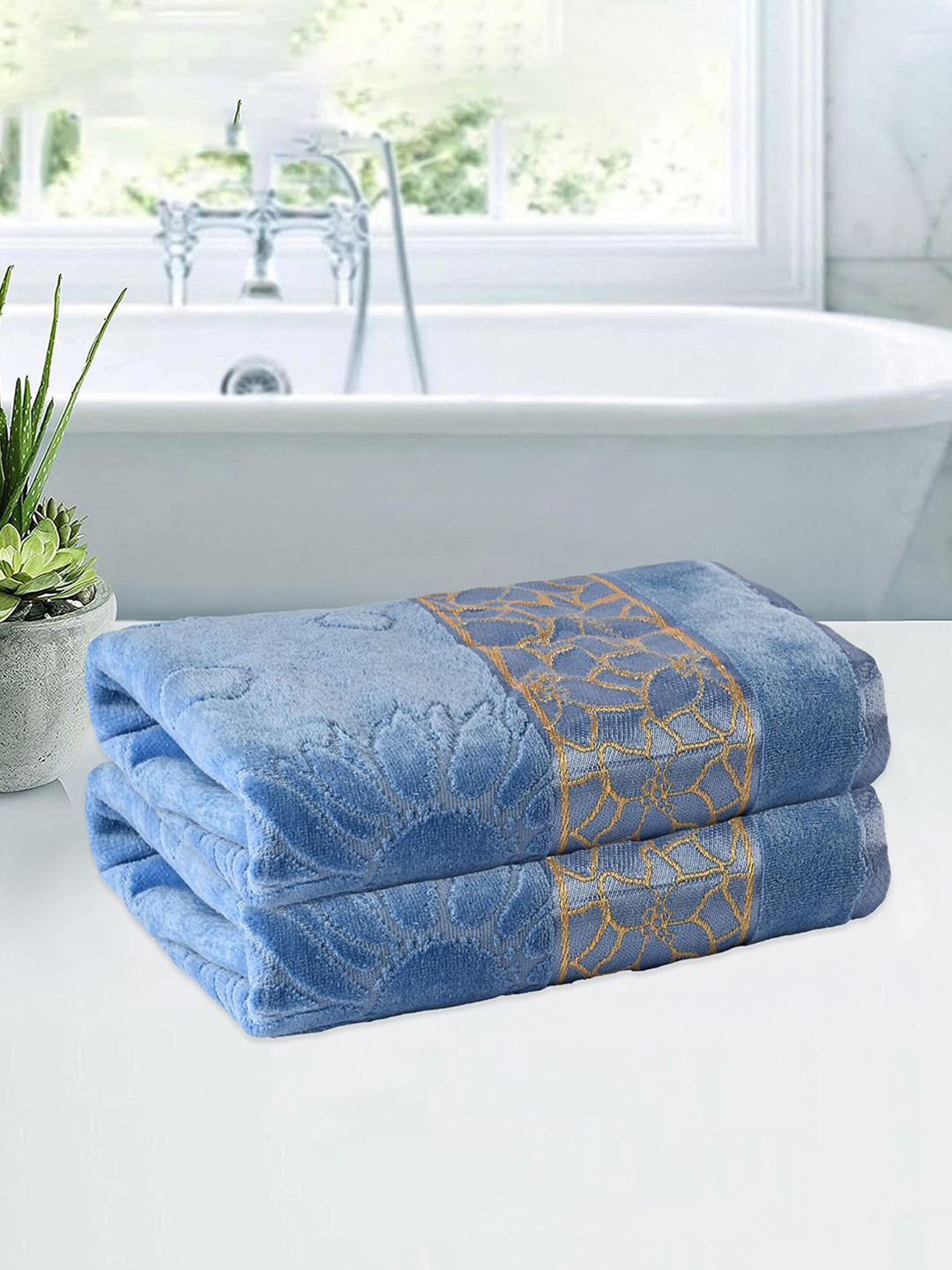 

Kuber Industries Blue & Yellow 2 Pieces Printed Cotton 450 GSM Bath Towel