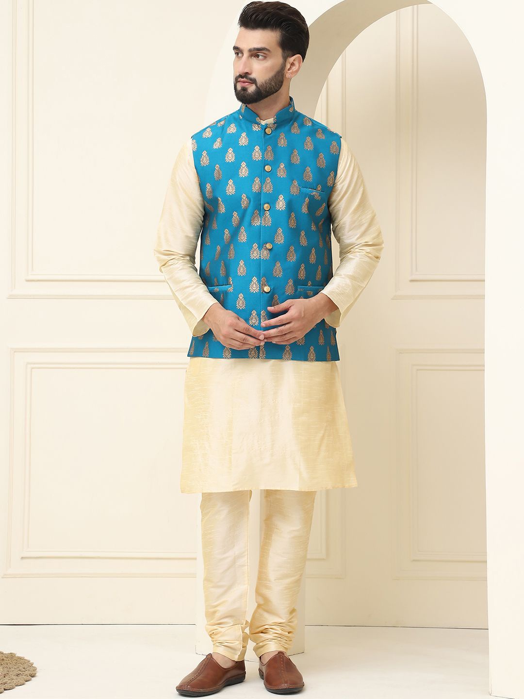 

SOJANYA Mandarin Collar Silk Cotton Kurta With Churidar & Woven Design Nehru Jacket, Cream