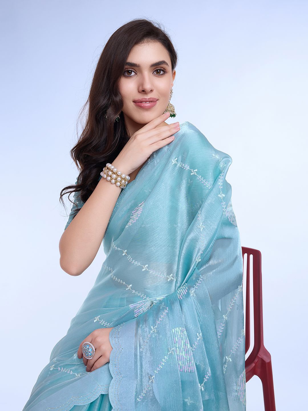 

Mitera Embellished Sequinned Saree With Embellished Border, Teal