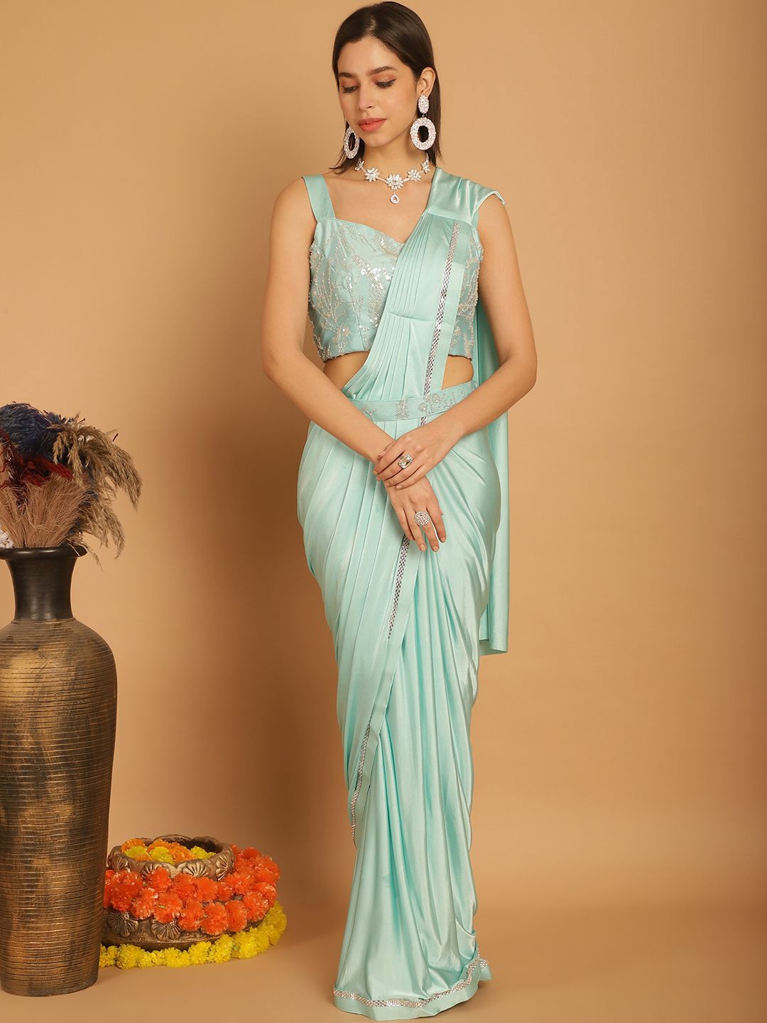 

Mitera Solid Ready to Wear Saree, Turquoise blue
