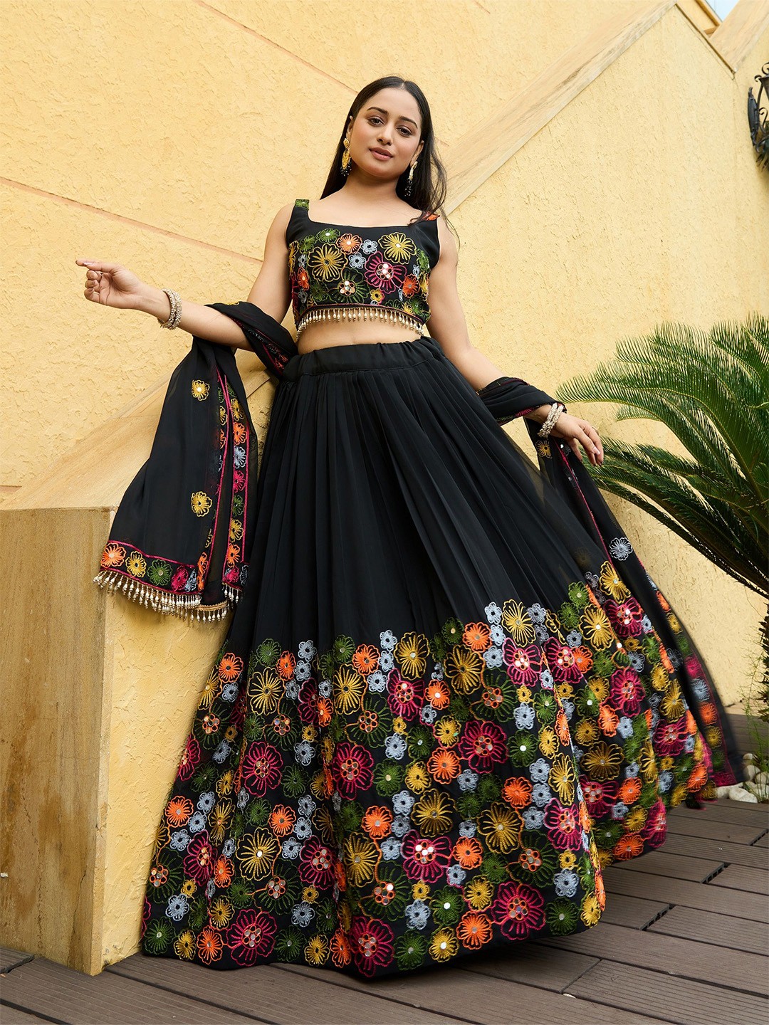 

KALINI Embroidered Mirror Work Semi-Stitched Lehenga & Unstitched Blouse With Dupatta, Black