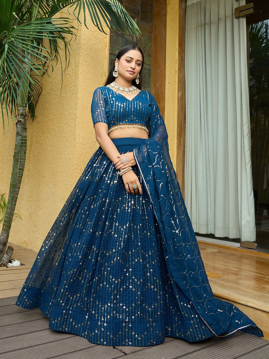 

KALINI Embroidered Sequinned Semi Stitched Lehenga & Unstitched Blouse With Dupatta, Turquoise blue