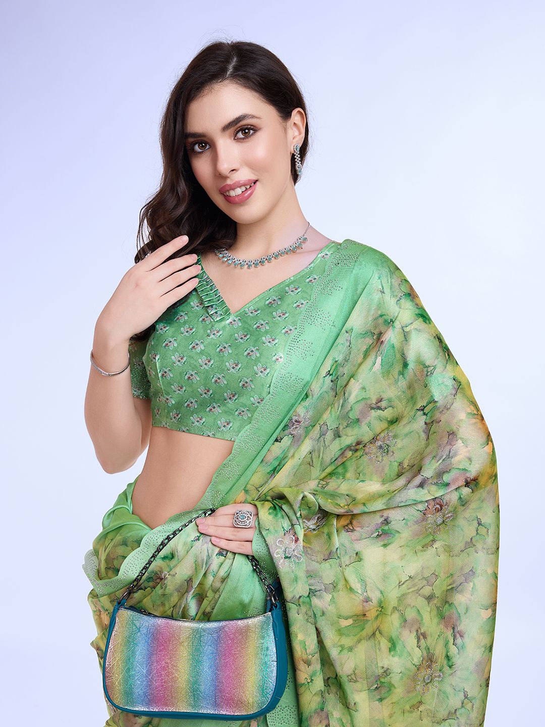 

Mitera Floral Printed Beads and Stones Saree, Sea green