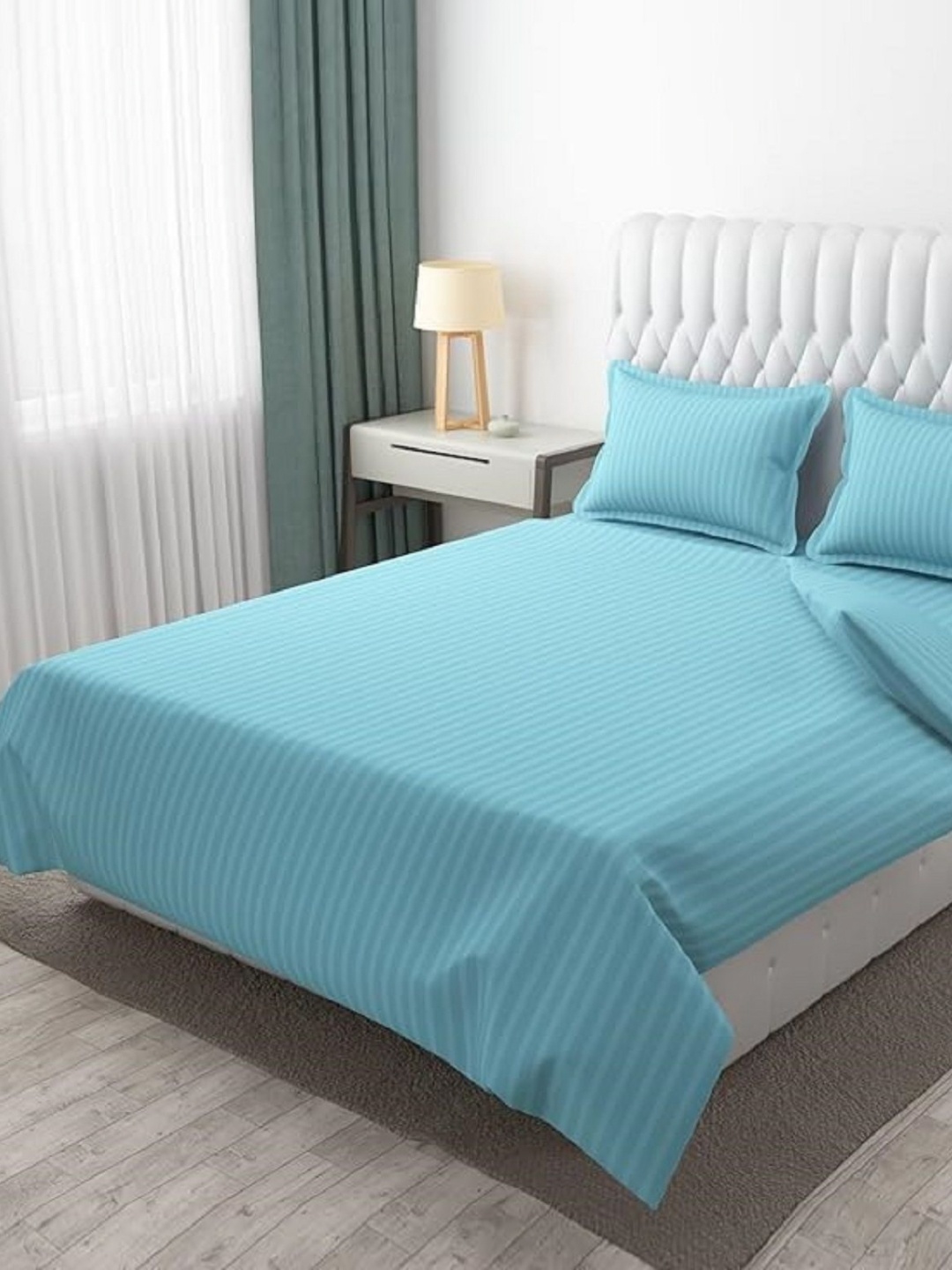 

HOMEZADO Turquoise Blue Satin Striped 300 TC Queen Bedsheet with 2 Pillow Covers