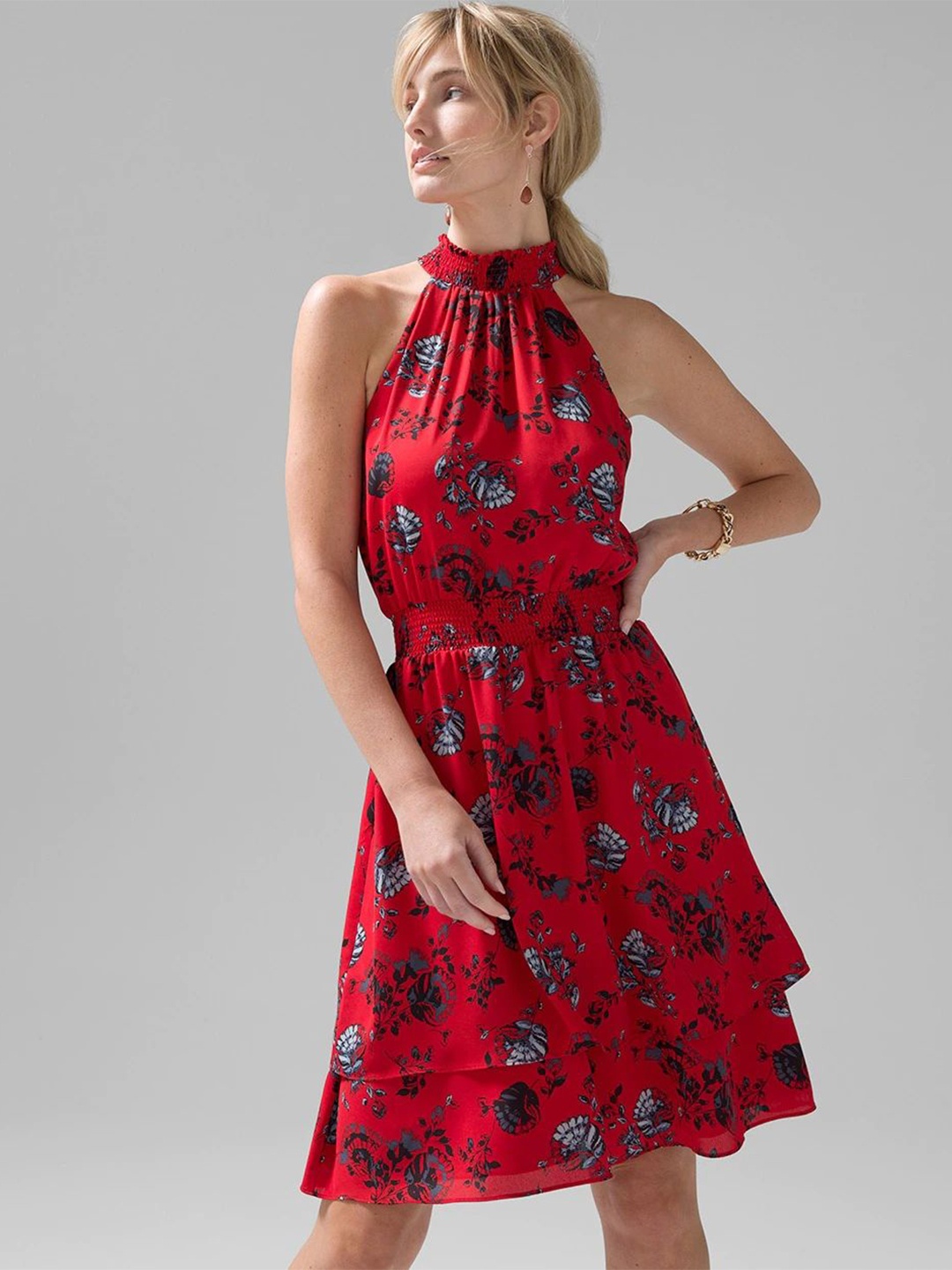 

Roadster Printed Halter Neck Sleeveless Fit and Flare Dress, Red
