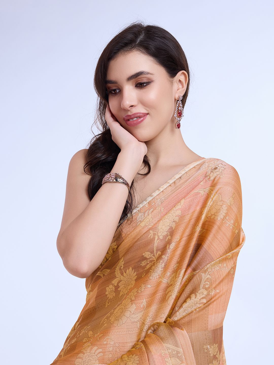 

Mitera Floral Printed Embroidered Saree, Orange