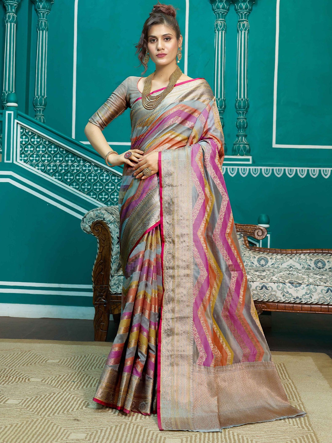 

Krimmple Woven Design Zari Saree, Grey