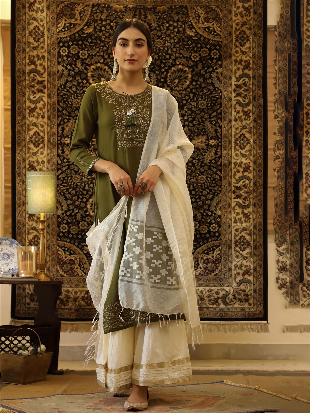 

SCAKHI Floral Yoke Design Regular Sequinned Kurta With Sharara & Dupatta, Olive