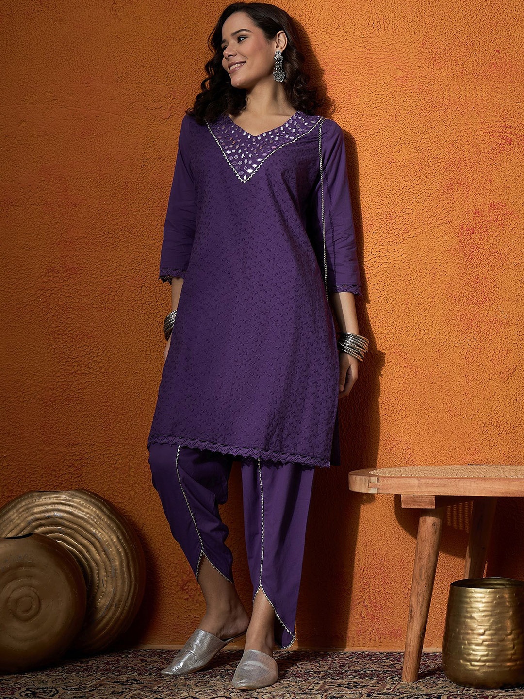 

Anouk Purple Floral Embroidered V-Neck Mirror Work Pure Cotton Straight Kurta & Dhoti Pant