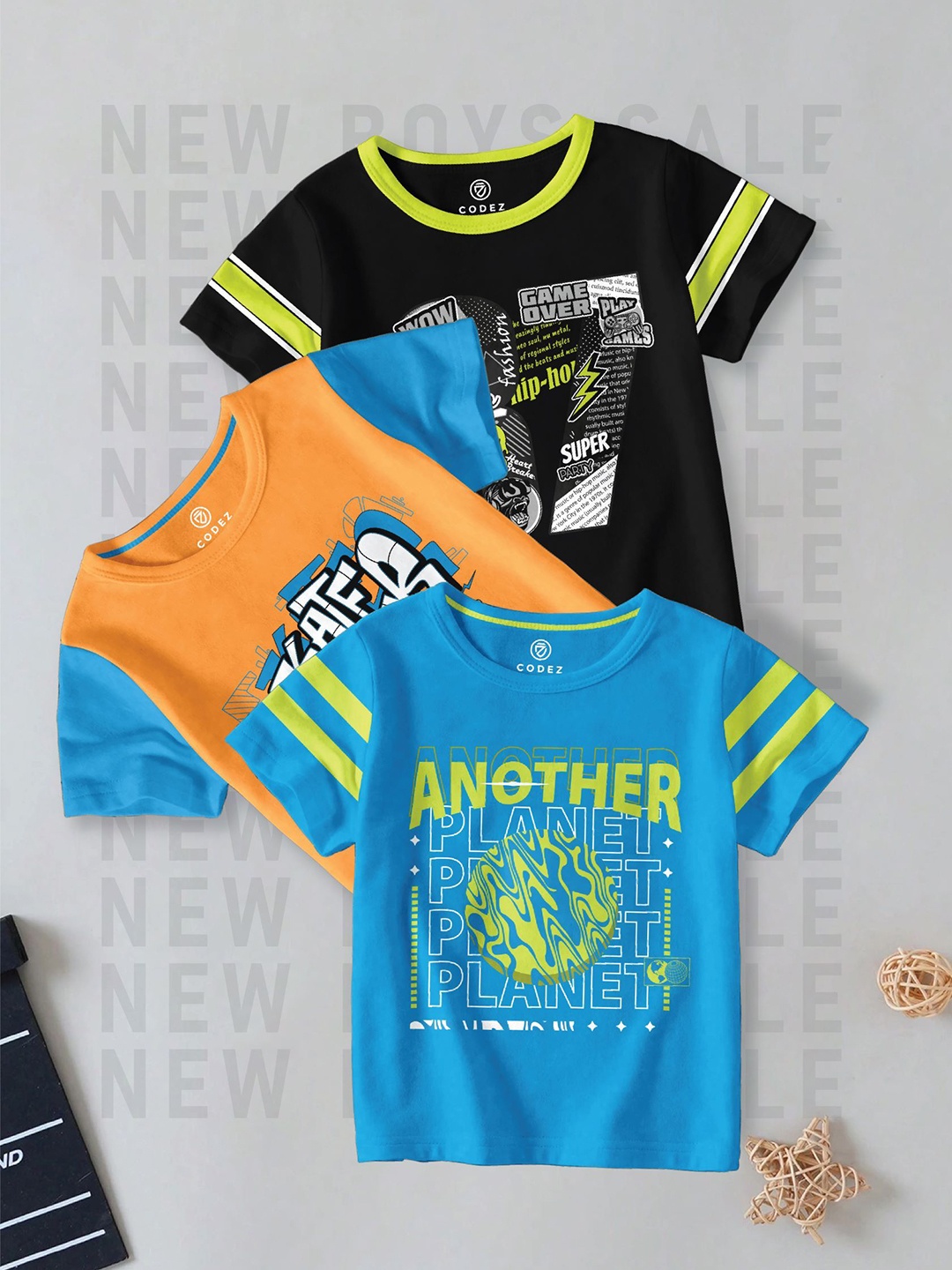 

CODEZ Boys Pack Of 3 Typography Printed Round Neck Cotton T-shirts, Black