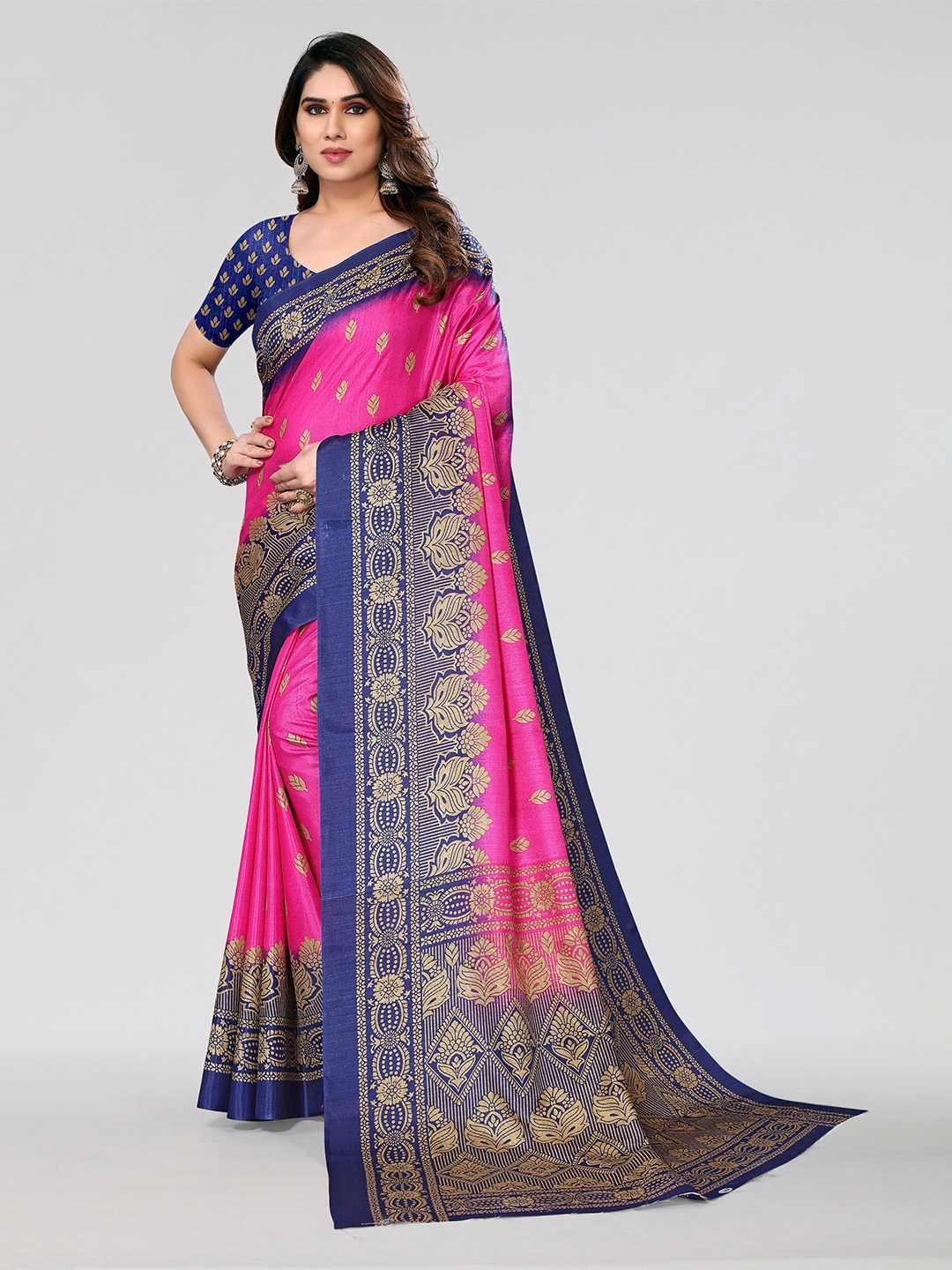

VIRICA Floral Printed Zari border Saree, Pink