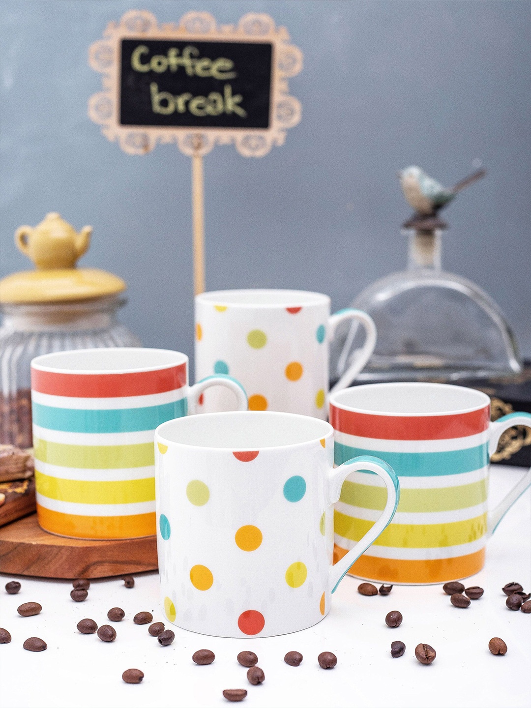 

GOODHOMES White & Red 4 Pieces Printed Bone China Glossy Mugs 360 ml