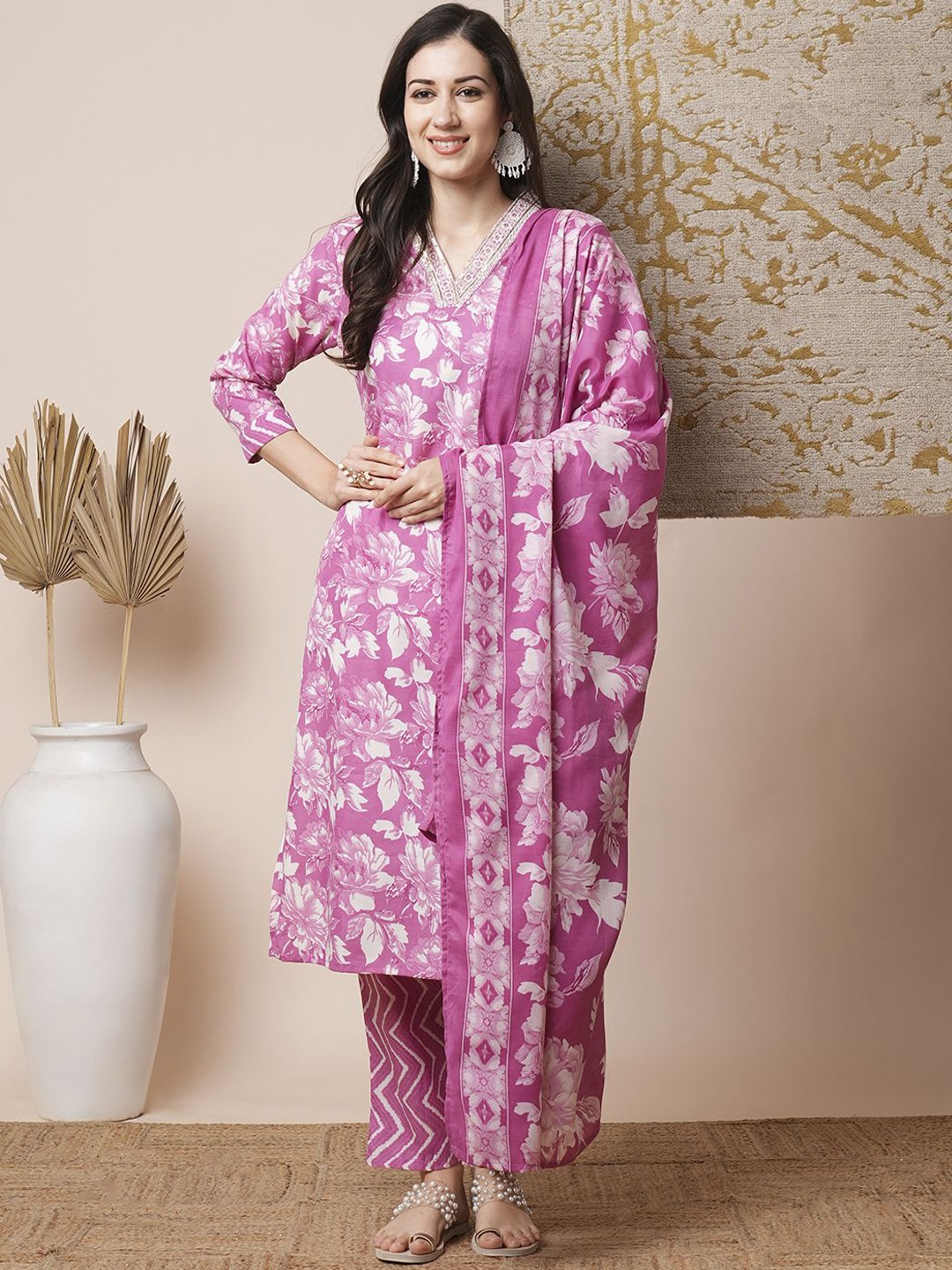 

FASHOR Floral Printed Sequinned Pure Cotton Straight Kurta With Trousers & Dupatta, Purple