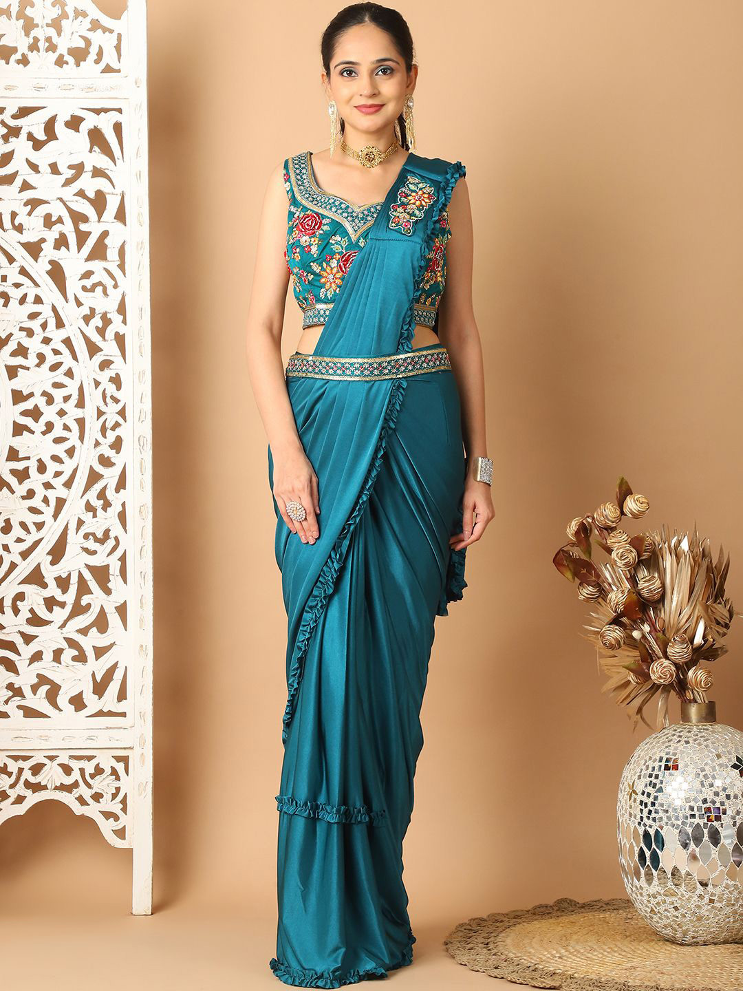 

Mitera Solid Ready to Wear Saree, Blue