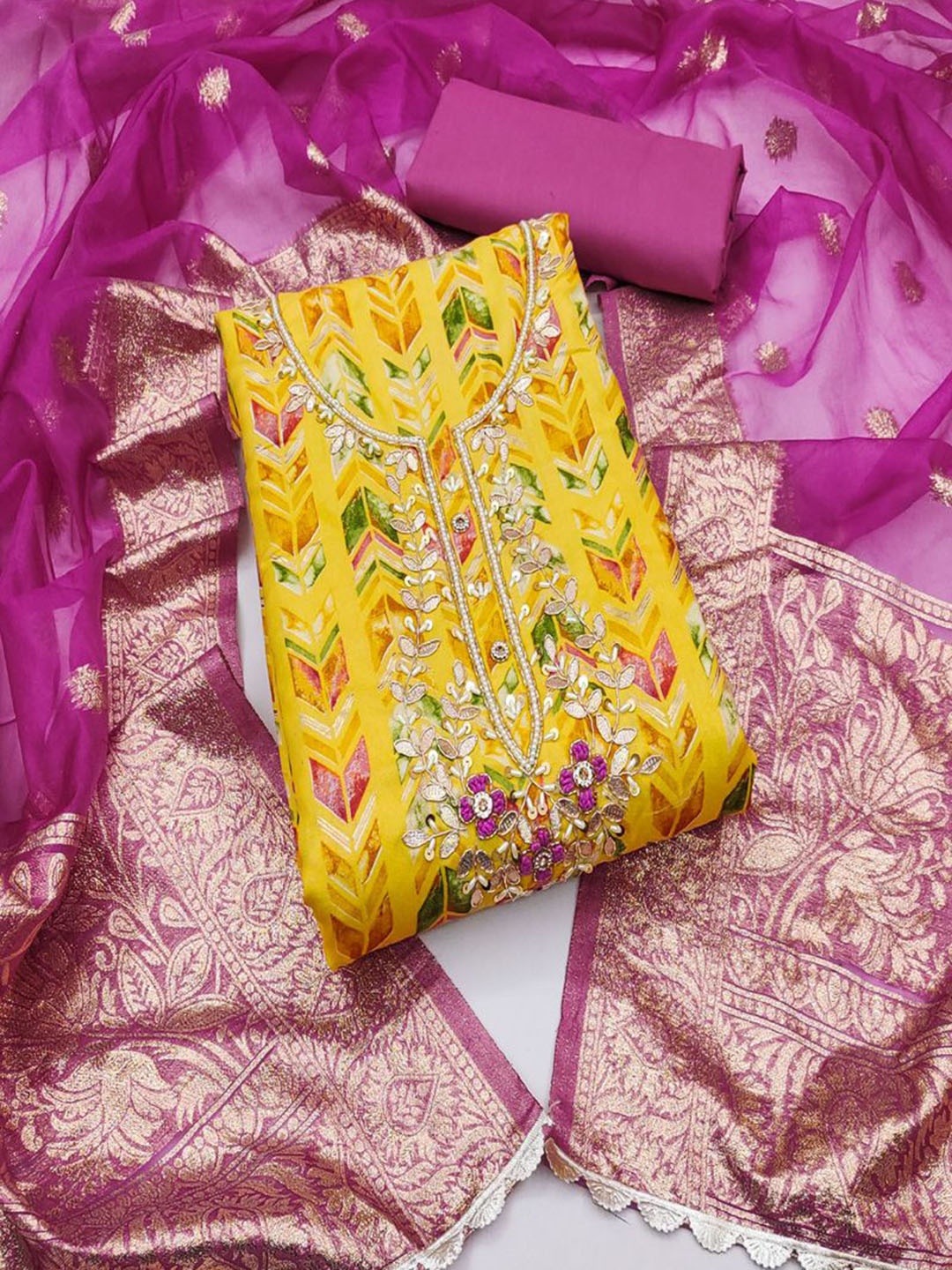 

ASISA Ethnic Motifs Embroidered Beads and Stones Unstitched Dress Material, Yellow