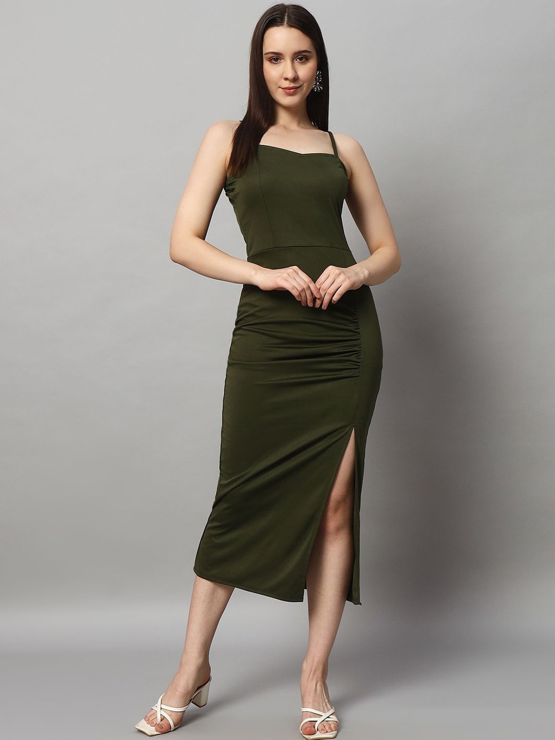 

VAARARO Women Shoulder Straps Sheath Midi Dress, Olive