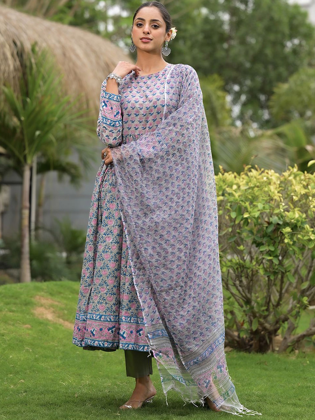 

Chandbaali Floral Printed Anarkali Pure Cotton Kurta with Trousers & Dupatta, Blue