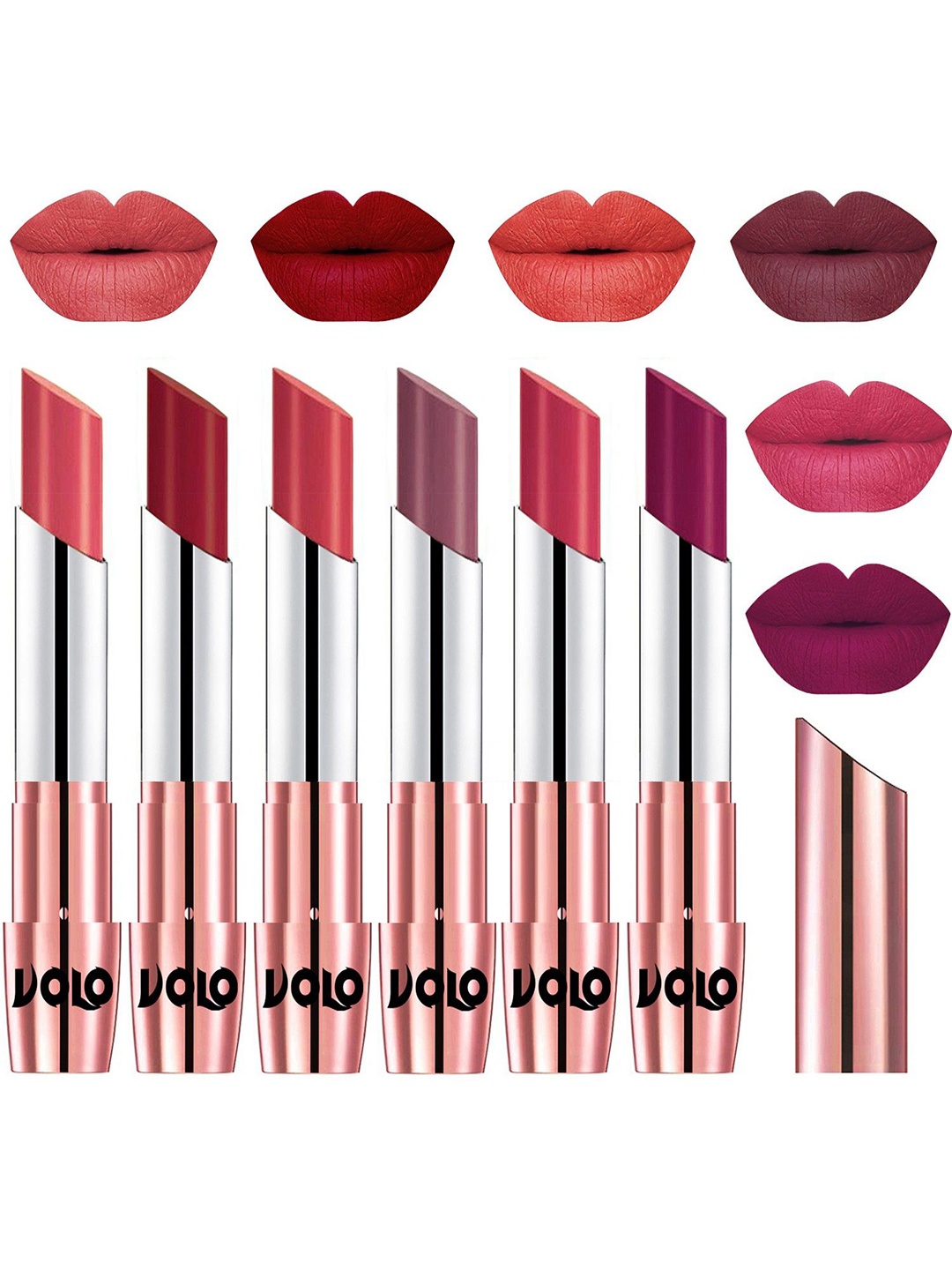 

VOLO Set Of 6 Creme Matte Lipstick - 3.5g Each - Dark Peach-Red-Peach-Plum-Pink-Magenta, Multi