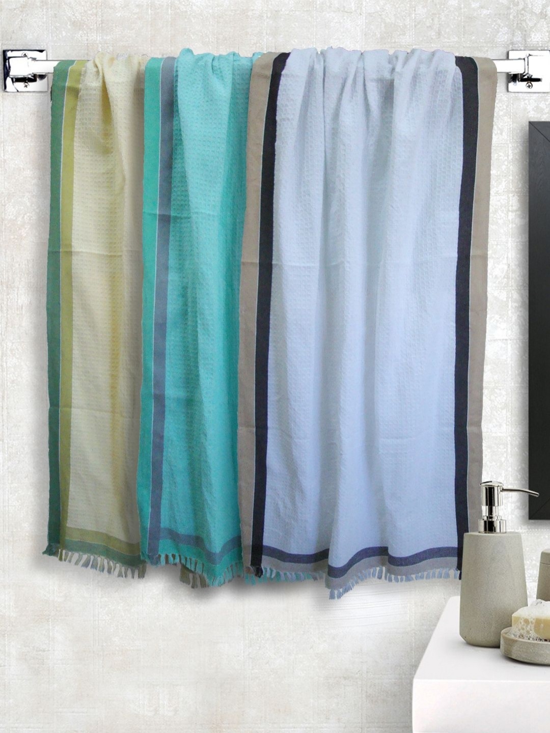 

Aura Yellow & Sea Green 3 Pieces Striped Cotton 210 GSM Bath Towels