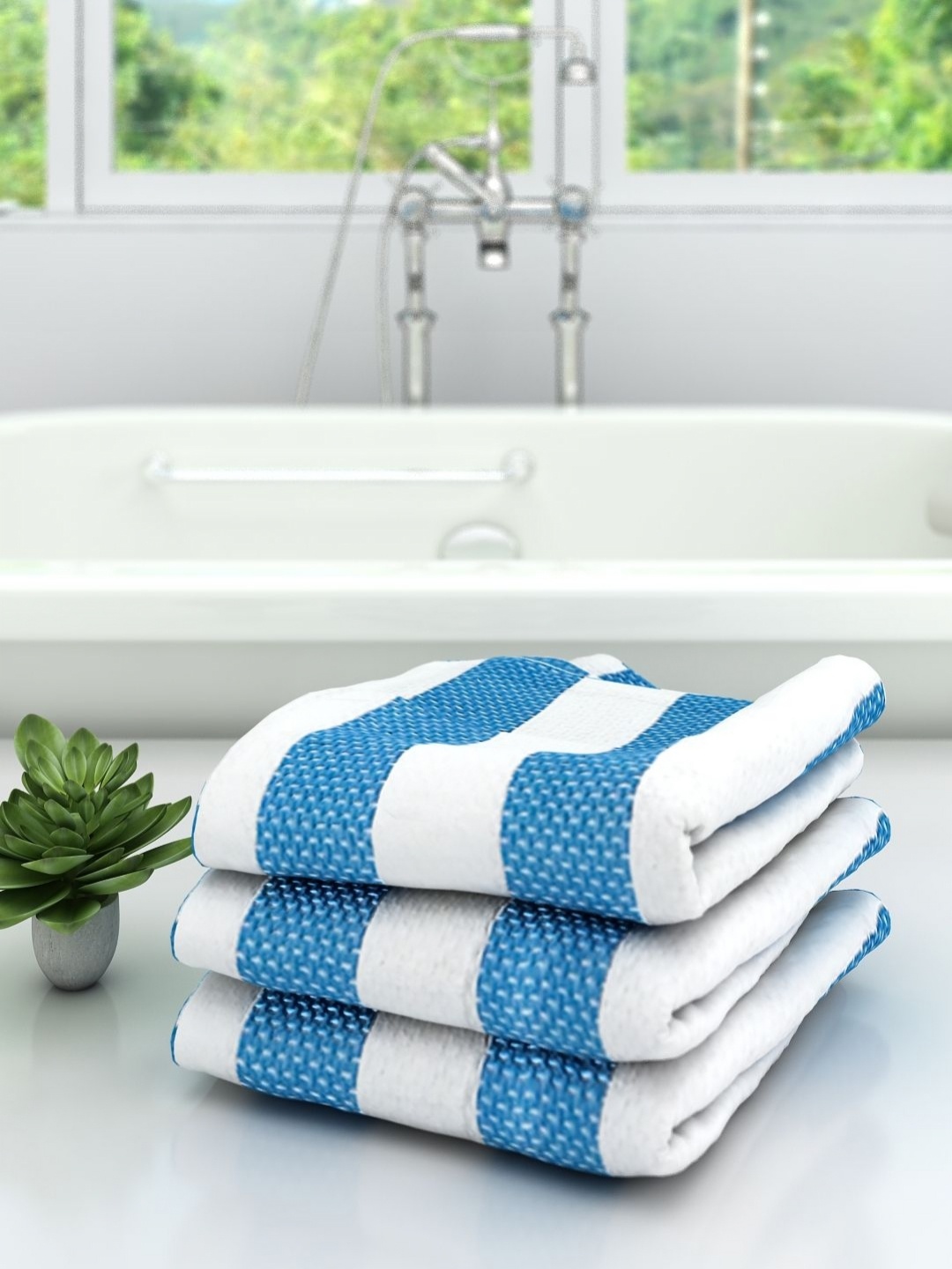 

Aura White & Blue 3 Pieces Striped Cotton 210 GSM Bath Towels