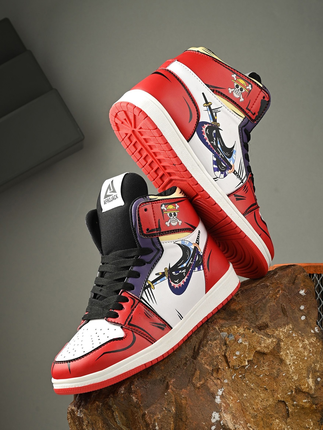 

AfroJack Men Anime Printed Synthetic Leather Massage Footbed Sneakers, Red