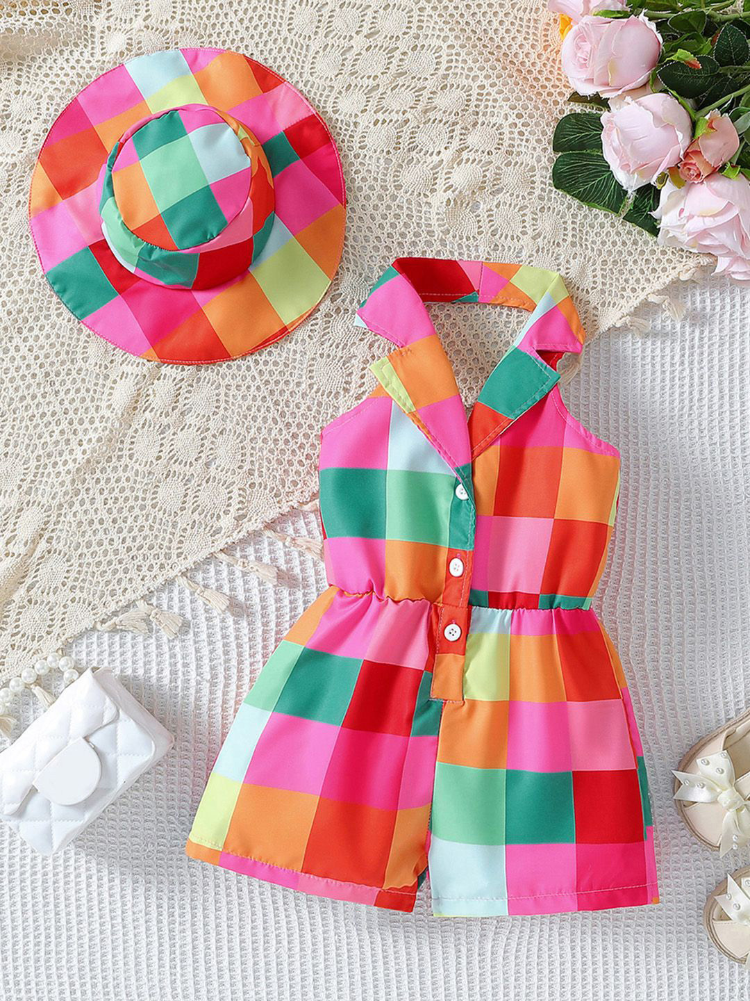 

INCLUD Girls Halter Neck Colourblocked Playsuit with Hat, Pink