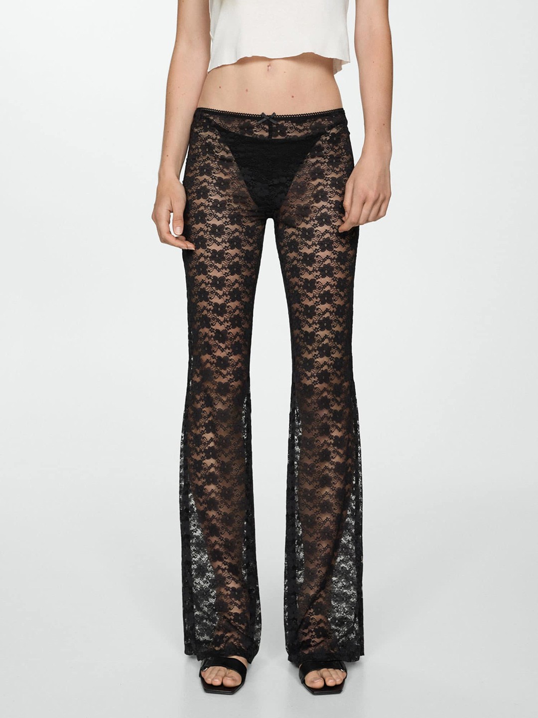 

MANGO Women Self Design Lace Trousers, Black