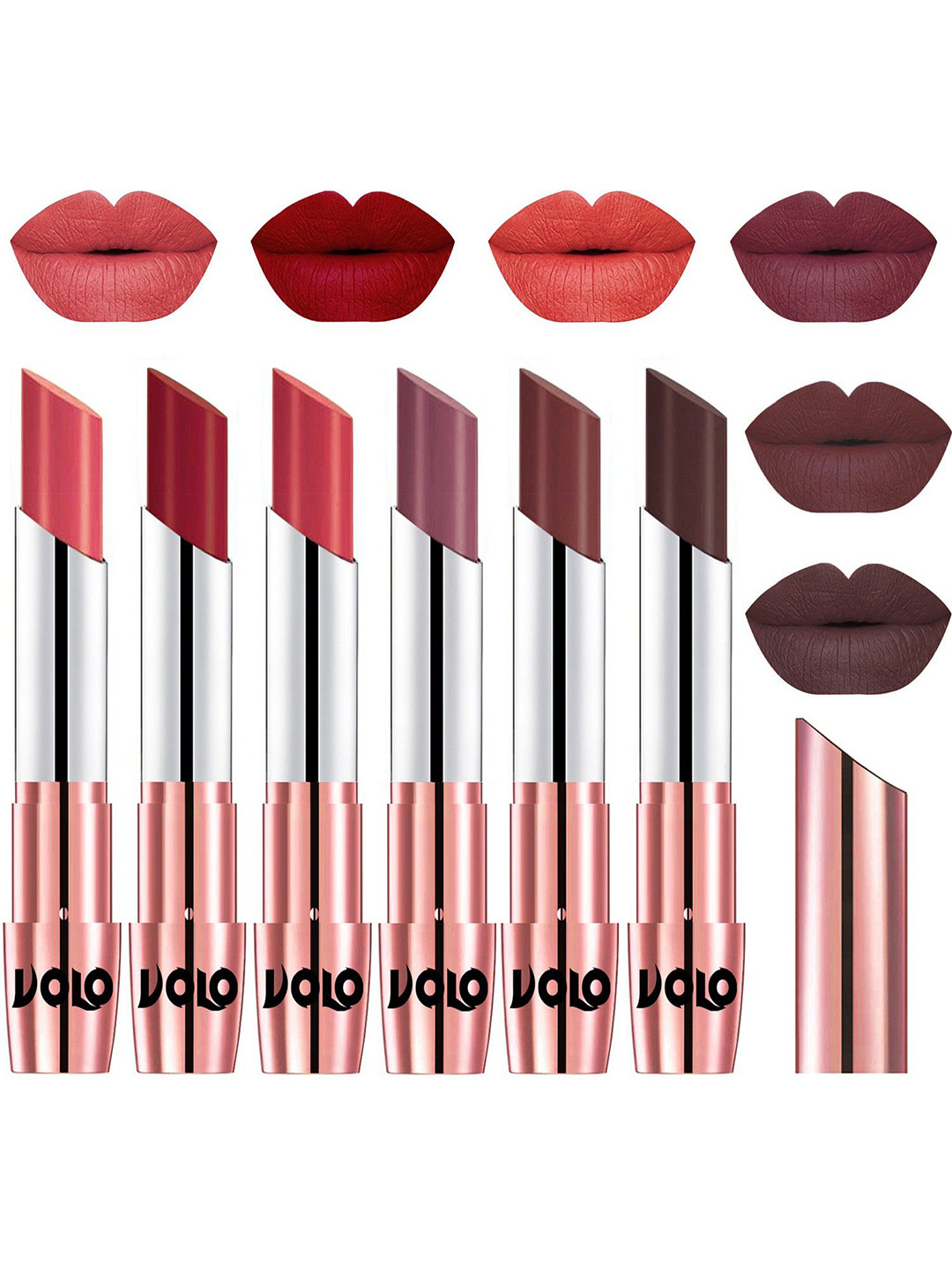 

VOLO Set Of 6 Creme Matte Lipstick-Dark Peach-Red-Peach-Plum-Coffee-Chocolate