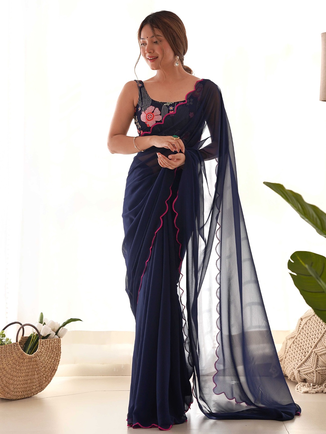 

Mitera Embroidered Saree, Navy blue