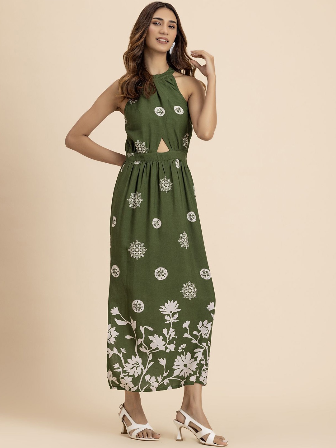 

Moomaya Women Floral Printed Sleeveless Halter Neck A-Line Dress, Olive