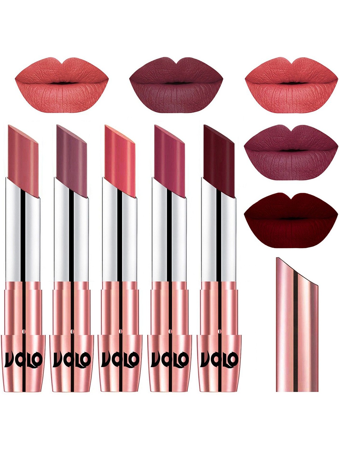 

VOLO Set Of 5 Creme Matte Lipstick-3.5g Each-Light Peach-Plum-Dark Peach-Rose Pink-Maroon, Multi