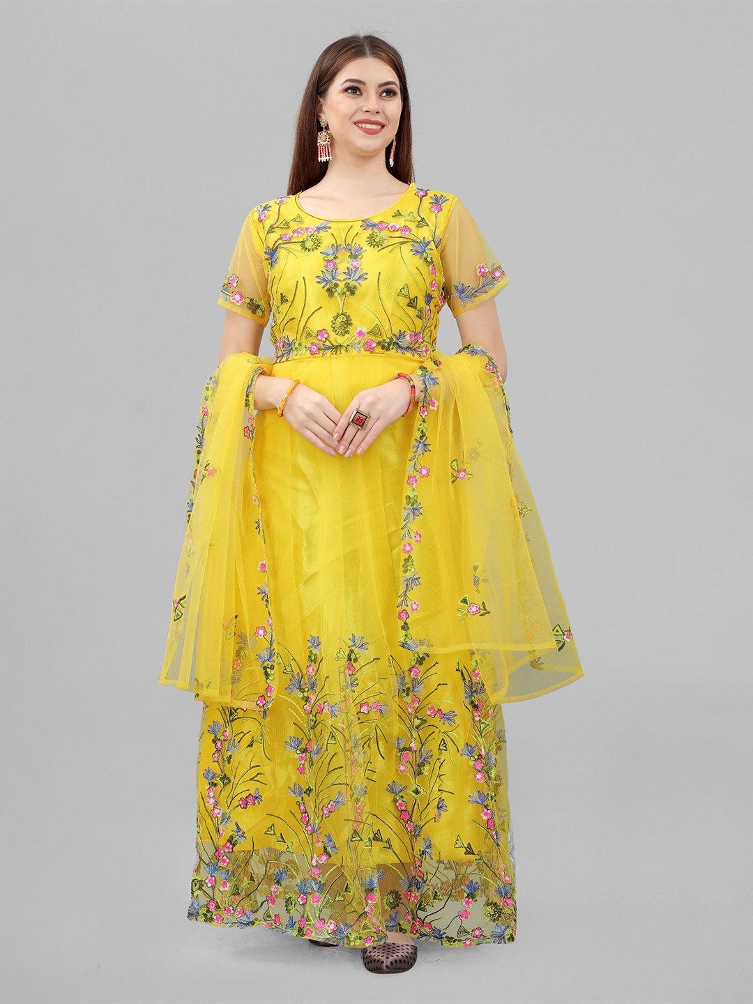 

LADY SHOPI Women Solid Floral Embroidered Net Fit & Flare Maxi Dress, Yellow