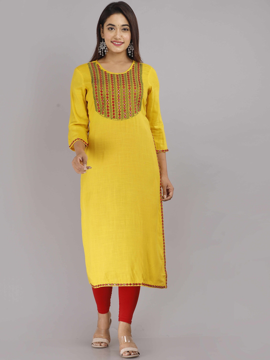 

STYLE ANGEL Geometric Embroidered Mirror Work Straight Kurta, Mustard